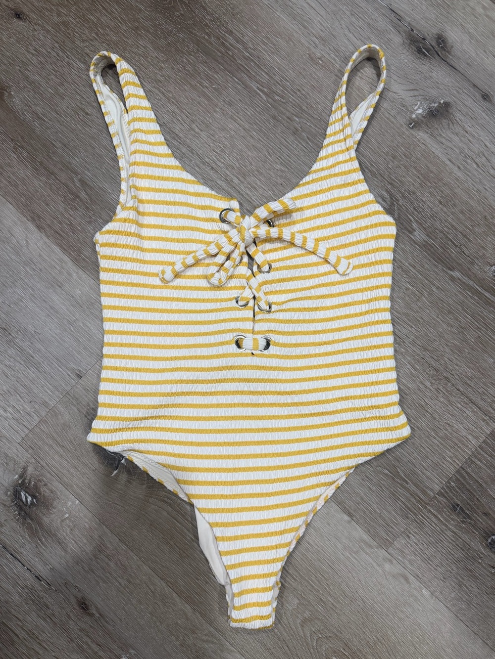Zara Yellow & White Striped One-Piece Swimsuit with Lace-Up Front